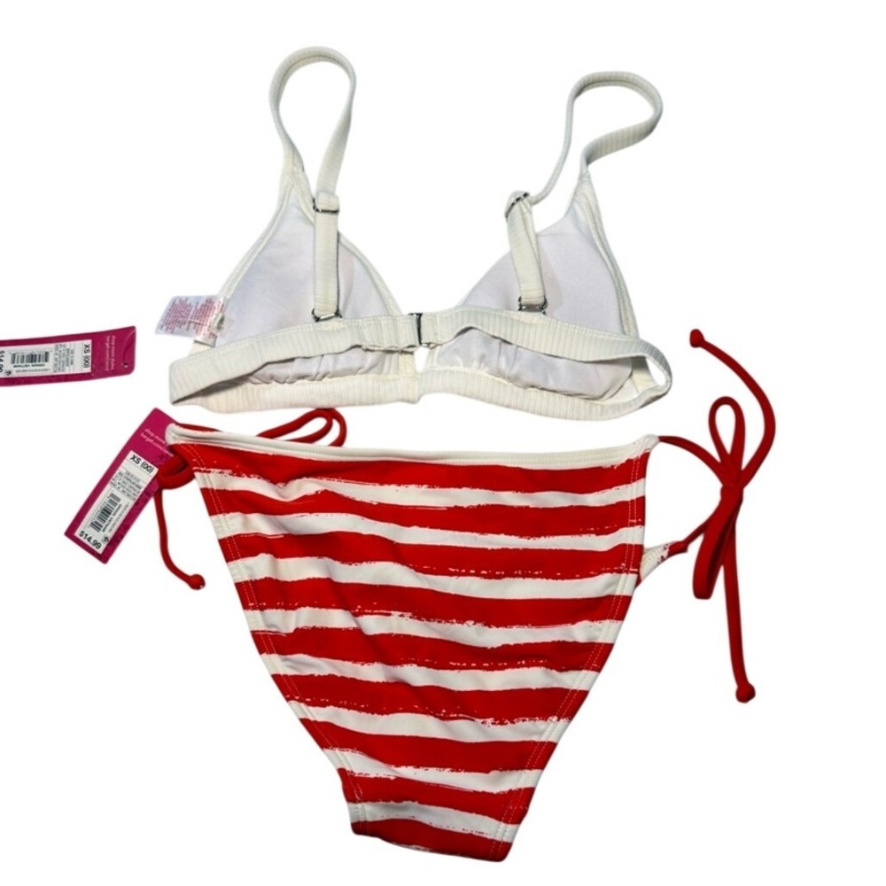 Xhilaration White‎ Ribbed Triangle Top Red White Striped Side Tie Bikini Set XS - Picture 8 of 12